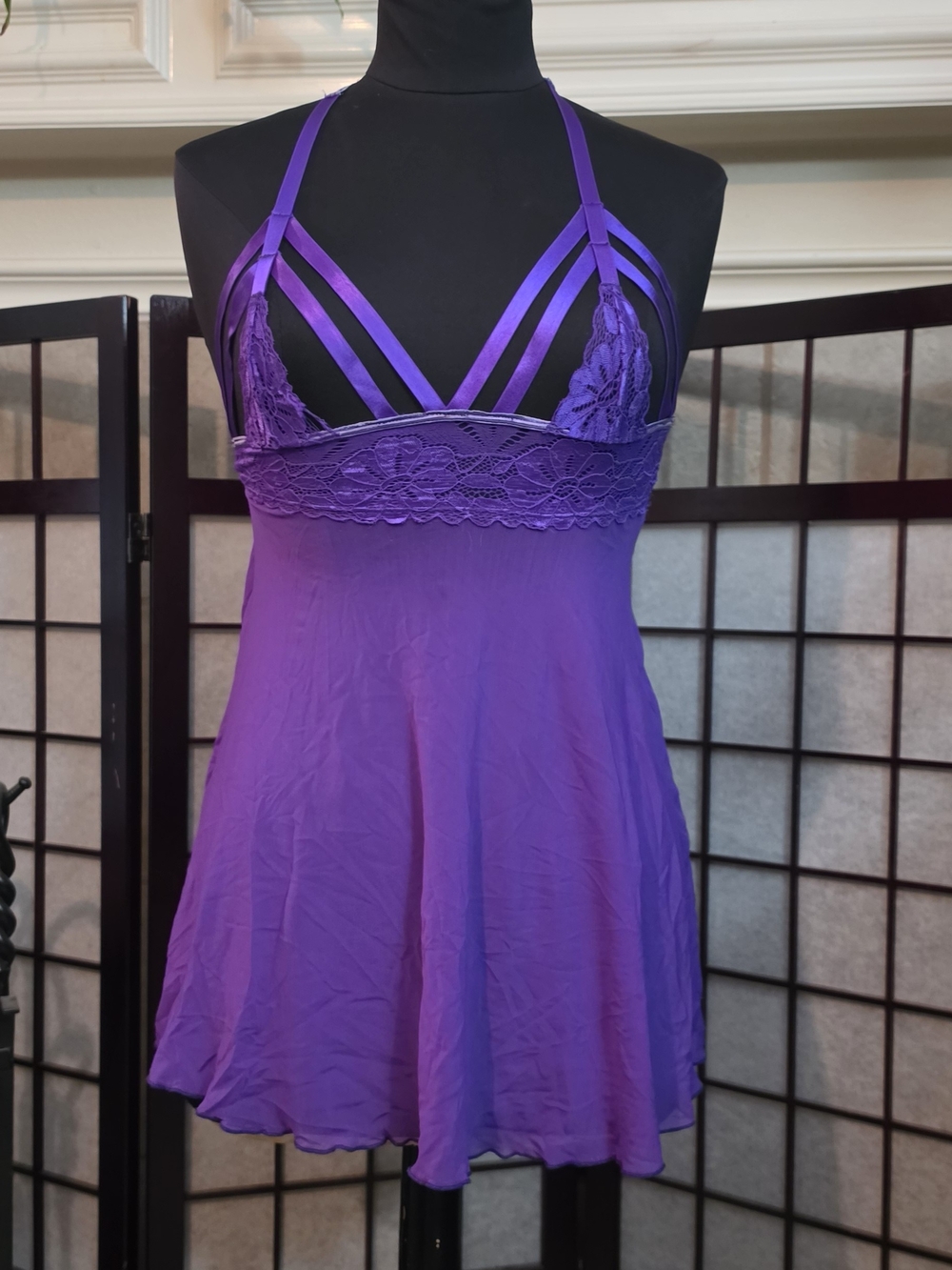 Strappy Lace-Trim Purple Chemise Nightdress